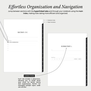 Op de afbeelding: Een zwart-wit afbeelding die een notitieboekje toont met een sectie met de naam "SECTION ONE" en een subsectie met de naam "SUBSECTION A". De afbeelding laat zien hoe je met hyperlinks tussen secties en subsecties in het notitieboekje kunt navigeren.