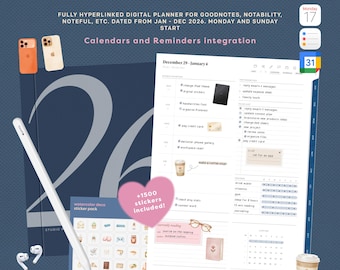 Digitale planner voor GoodNotes 2026 | Dagelijks, wekelijks, maandelijks | Integratie van agenda's en herinneringen | Minimalistische planner + gratis stickers