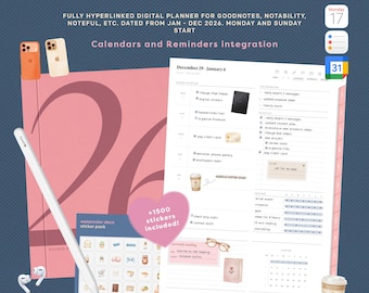 2026 Digital Planner for GoodNotes | Daily, Weekly, Monthly | Calendar & Reminders Integration | Minimalist Planner + Free Stickers