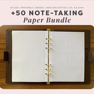 May include: A brown leather binder with gold rings holding white grid paper. The text reads: A5 SIZE | PRINTABLE | GRIDED, LINED AND DOTTED | 3.5, 4 & 5mm +50 NOTE-TAKING Paper Bundle. The binder is open to show two pages of grid paper.