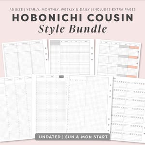 May include: A Hobonichi Cousin Style Bundle of A5 size planner inserts featuring yearly, monthly, weekly, and daily layouts. The white paper pages include grid patterns, undated sections, and punch holes for binding, with text indicating Sun and Mon start.