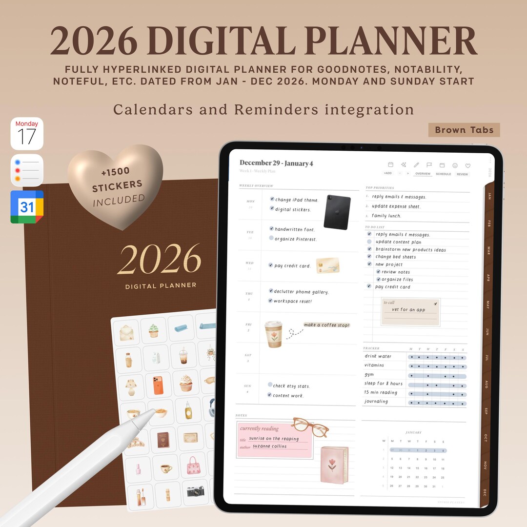 2026 Portrait Digital Planner for Goodnotes, Calendar and Reminders ...