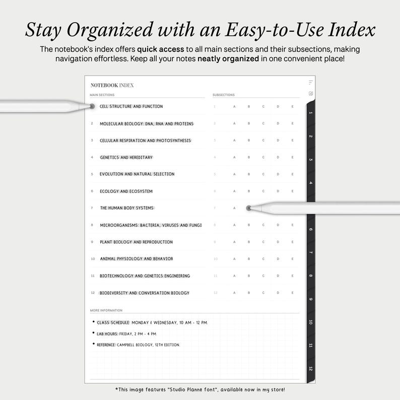 Op de afbeelding: Een zwart-witte afdrukbare notebook-indexpagina met de titel "Notebook Index" en een lijst met hoofdstukken en subsecties voor een biologie-cursus. De hoofdstukken omvatten "Celstructuur en -functie", "Moleculaire biologie: DNA, RNA en eiwitten", "Cellulaire ademhaling en fotosynthese", "Genetica en erfelijkheid", "Evolutie en natuurlijke selectie", "Ecologie en ecosysteem", "De systemen van het menselijk lichaam", "Micro-organismen: bacteri&euml;n, virussen en schimmels", "Plantkunde en voortplanting", "Dierfysiologie en gedrag", "Biotechnologie en genetische technologie", "Biodiversiteit en behoudsbiologie".