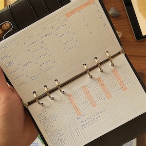 May include: A black ring-bound planner open to a September 2026 monthly calendar page. The grid features handwritten entries like workout, therapy, and deadline. Below the calendar is a habit tracker with checkmarks and a line graph.
