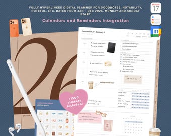2026 Digital Planner for GoodNotes | Daily, Weekly, Monthly | Calendar & Reminders Integration | Minimalist Planner + Free Stickers
