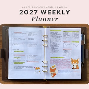 Agenda settimanale 2027 stampabile in formato A5, pagine di calendario datate, ricariche per raccoglitore ad anelli minimal, agenda in PDF, pacchetto stile Hobonichi