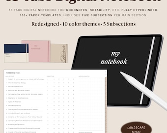 Digitaal liggend notitieboek: studentenplanner met hyperlinks met 18 tabbladen