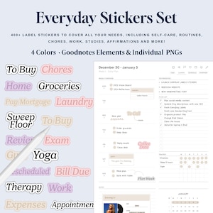 May include: A set of colorful digital stickers for use in a digital planner or note-taking app. The stickers feature phrases like "To Buy", "Chores", "Home", "Groceries", "Pay Mortgage", "Laundry", "Sweep Floor", "To Buy", "Review", "Exam", "Give", "Yoga", "Scheduled", "Bill Due", "Therapy", "Work", "Expenses", and "Appointment".