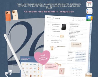 2026 Digital Planner for GoodNotes | Daily, Weekly, Monthly | Calendar & Reminders Integration | Minimalist Planner + Free Stickers