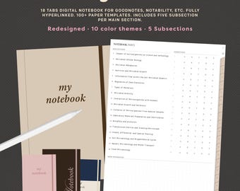 Digitaal staand notitieboek, 18 gelinkte tabbladen, studieplanner voor studenten, collage, gelinkt notitieboek voor goodnotes en notability...