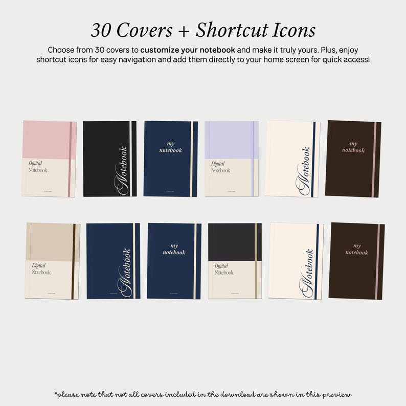 Op de afbeelding: Een set van 30 digitale notitieboekomslagontwerpen. De omslagen hebben verschillende kleuren en patronen, waaronder zwart, wit, blauw, roze en beige. De tekst "my notebook" en "Digital Notebook" staat op sommige van de omslagen.