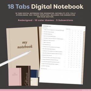 Minimalist Digital Notebook, Hyperlinked Digital Notebook, 18 Sections Digital Notebook, 18 Tabs Digital Notebook, Template for Notetaking