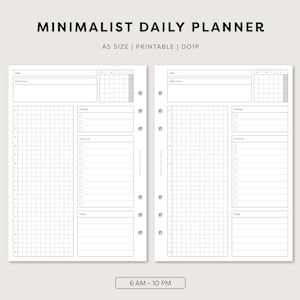 Puede incluir: Una página de planificador diario blanca con texto y líneas de cuadrícula en negro. El encabezado dice MINIMALIST DAILY PLANNER A5 SIZE | PRINTABLE | D01P. El diseño incluye fecha, enfoque diario, un horario de 6 AM a 10 PM, prioridades, lista de tareas y notas.