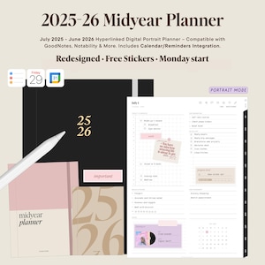 2025-2026 Midyear Digital Planner, Bundle, Free Stickers, GoodNotes Planner, iPad Planner, Minimalist Planner, Hyperlinked Planner