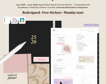 2025-2026 Midyear Digital Planner, Bundle, Free Stickers, GoodNotes Planner, iPad Planner, Minimalist Planner, Hyperlinked Planner