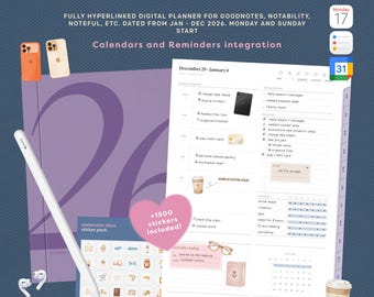 2026 Digital Planner for GoodNotes | Daily, Weekly, Monthly | Calendar & Reminders Integration | Minimalist Planner + Free Stickers