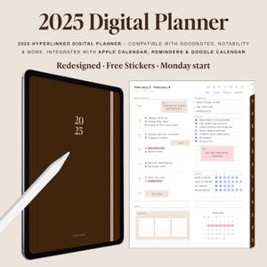 2025 Digital Planner for GoodNotes | Free Stickers, Fully Dated Templates, Monthly, Weekly, Daily, Calendars/Reminders Integration