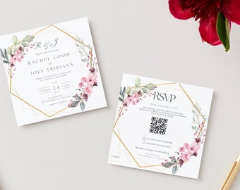 Floral Wedding Invitation Bundle with QR Code, Flower Wedding Invites Set, Printable Wedding Invitation, Instant download, DIY