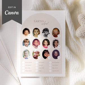 Juego de adivinar el bebé famoso / Cuestionario sobre bebés / Juego de baby shower con arco minimalista de 5 x 7 pulgadas / Plantilla de Canva editable / Baby Shower moderno DIY Savanna