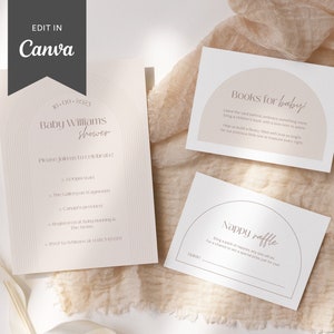 Minimalist Arch Baby Shower Invitation Bundle | Modern Canva Template | Diaper Nappy Raffle | Books for Baby | DIY Baby Shower Savanna