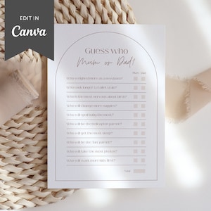 Modern Guess Who Mum or Dad Template | Minimal Arch Mom or Dad 5 x 7&quot; Baby Shower Game | Editable Canva Template | DIY Baby Shower Savanna