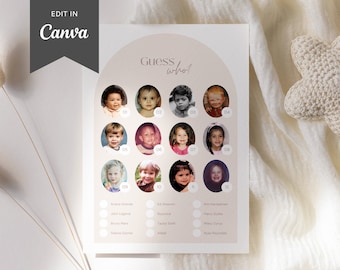 Guess the Baby Celebrity Game | Baby Quiz | Minimal Arch 5 x 7&quot; Baby Shower Game | Editable Canva Template | Modern DIY Baby Shower Savanna