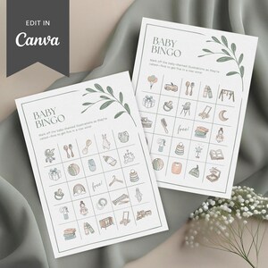 Baby Bingo Spiel | 60 40 oder 20 Einzigartige Fertig Baby Bingo Karten | Eukalyptus-Baby-Dusche zum Ausdrucken | Bearbeitbare Canva Vorlage | Salbeigrün