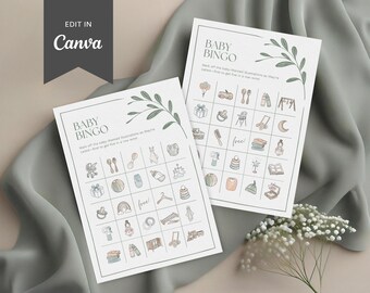 Baby Bingo Game | 60 40 or 20 Unique Pre-Filled Baby Bingo Cards | Eucalyptus Baby Shower Printable | Editable Canva Template | Sage Green
