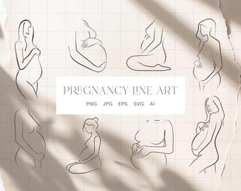 Line Art Pregnant Belly | Pregnancy Clipart & Silhouette | Pregnancy Announcement SVG | Motherhood PNG |  | Female Body | Pregnant Woman SVG