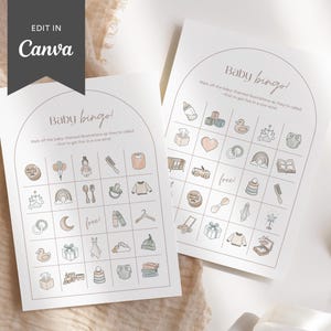 Jeu de bingo pour bébé | 60, 40 ou 20 cartes de bingo pour bébé préremplies uniques | Baby Shower à arche neutre imprimable | Modèle de toile modifiable | Savane