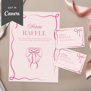 Pink Ribbon Windel Verlosung Zeichen & Karten | Windel Tombola Losspiel | DIY Kokette Baby Girl Party | Gewellter Rand Canva Vorlage | Tüll