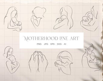 Motherhood Line Art | Newborn Clip Art | Mom Artwork | Birth Gift | One Line Drawing | Motherhood Silhouettes | Birth Poster Design PNG SVG