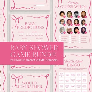 Lot de jeux de douche pour bébé fille avec ruban rose | Bordure esthétique ondulée Coquette | Idées de baby shower | Jeu-questionnaire sur les mamans | Modèles de toile modifiables | Tulle
