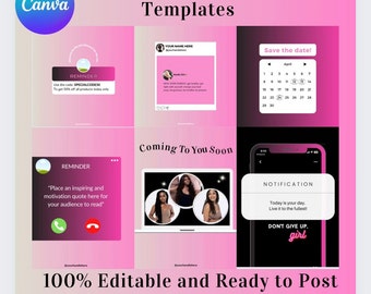 May include: A pink and black graphic design template for Instagram featuring a calendar, a phone screen, and a laptop screen. The text "100 Instagram Templates" is at the top of the image. The text "100% Editable and Ready to Post Templates" is at the bottom of the image.