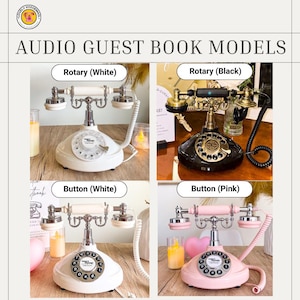 Pu&ograve; includere: Immagine che mostra quattro modelli di libri degli ospiti audio in stile vintage. Le opzioni includono telefoni rotanti e a pulsanti in bianco, nero e rosa. Il testo "AUDIO GUEST BOOK MODELS" &egrave; visualizzato in alto.