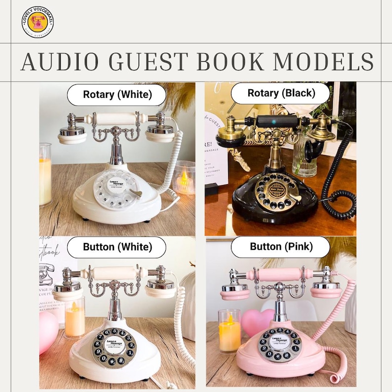 Pu&ograve; includere: Immagine che mostra quattro modelli di libri degli ospiti audio in stile vintage. Le opzioni includono telefoni rotanti e a pulsanti in bianco, nero e rosa. Il testo "AUDIO GUEST BOOK MODELS" &egrave; visualizzato in alto.