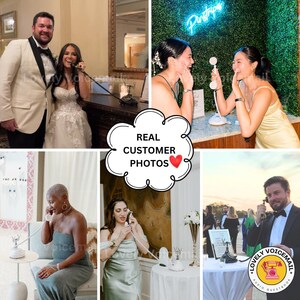 Pu&ograve; includere: Un collage di foto che mostra un libro degli ospiti con telefono vintage a un matrimonio. Le foto mostrano persone che usano il telefono bianco, con il testo "Real Customer Photos" e "Lovely Voicemail Audio Guestbook".