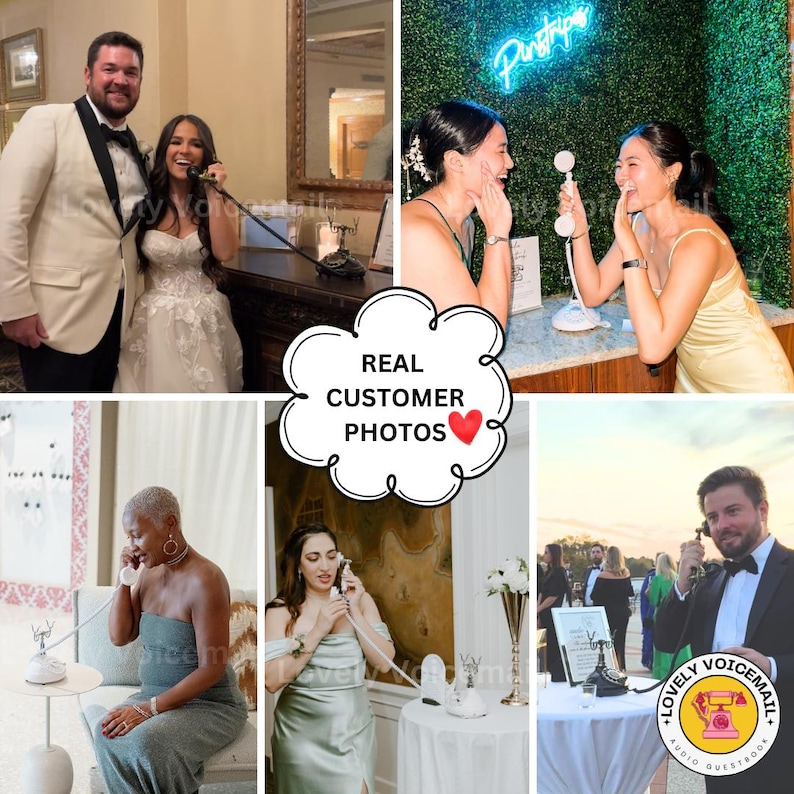 Pu&ograve; includere: Un collage di foto che mostra un libro degli ospiti con telefono vintage a un matrimonio. Le foto mostrano persone che usano il telefono bianco, con il testo "Real Customer Photos" e "Lovely Voicemail Audio Guestbook".
