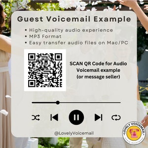 Pu&ograve; includere: Grafica digitale che promuove un servizio di segreteria telefonica per gli ospiti. L'immagine include il testo "Esempio di segreteria telefonica per gli ospiti", punti elenco, un codice QR e un'interfaccia del lettore multimediale. Lo sfondo presenta una scena di matrimonio.