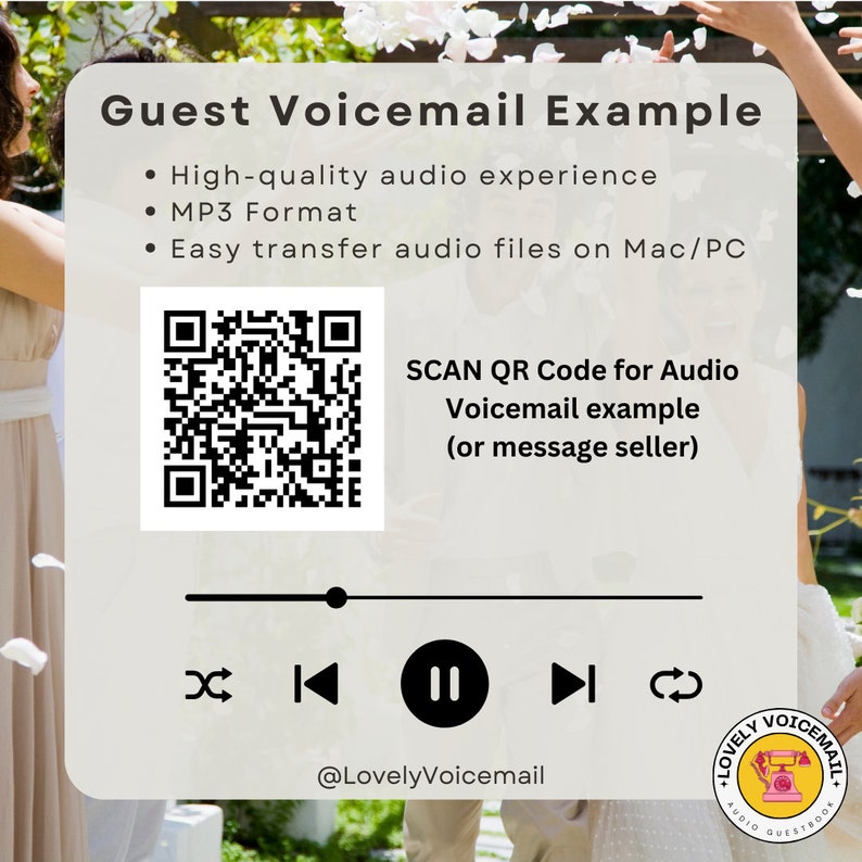 Pu&ograve; includere: Grafica digitale che promuove un servizio di segreteria telefonica per gli ospiti. L'immagine include il testo "Esempio di segreteria telefonica per gli ospiti", punti elenco, un codice QR e un'interfaccia del lettore multimediale. Lo sfondo presenta una scena di matrimonio.