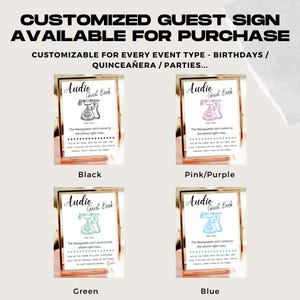 Pu&ograve; includere: Quattro cartelli incorniciati "Audio Guest Book" in nero, rosa/viola, verde e blu. Ogni cartello presenta una grafica di telefono vintage e il testo: "Gli sposi non possono venire al telefono adesso..."