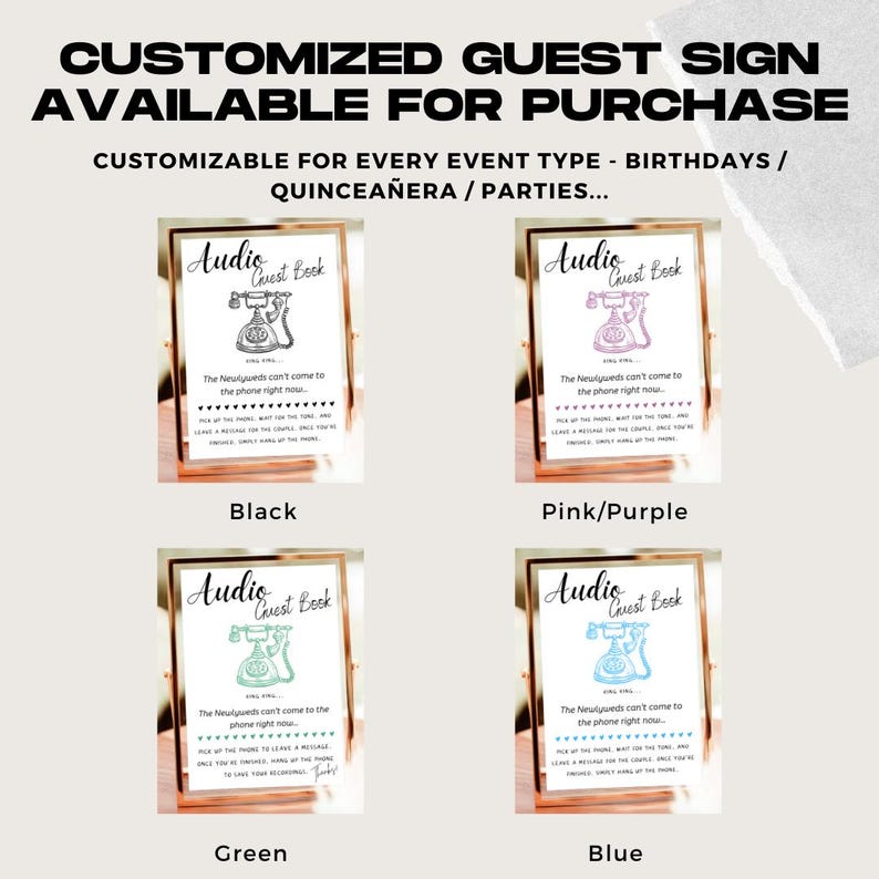 Pu&ograve; includere: Quattro cartelli incorniciati "Audio Guest Book" in nero, rosa/viola, verde e blu. Ogni cartello presenta una grafica di telefono vintage e il testo: "Gli sposi non possono venire al telefono adesso..."