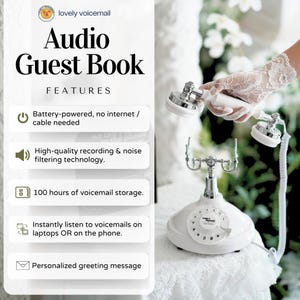 Pu&ograve; includere: Un telefono bianco in stile vintage con dettagli argentati, presentato come un Audio Guest Book. Le caratteristiche includono alimentazione a batteria, registrazione di alta qualit&agrave;, 100 ore di archiviazione e riproduzione istantanea. Il testo "lovely voicemail" &egrave; visibile.
