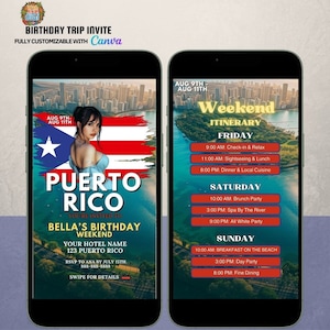 Tropical Puerto Rico Getaway Birthday Trip Itinerary Invite, 3 Day Trip, Digital Schedule, Editable Template, Instant Download Canva Planner
