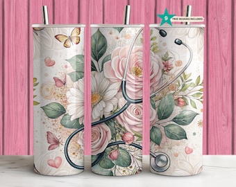 Floral Stethoscope Tumbler Wrap 20oz Skinny Sublimation Design for Nurses and Healthcare Digital Download Perfect for Medical Professionals