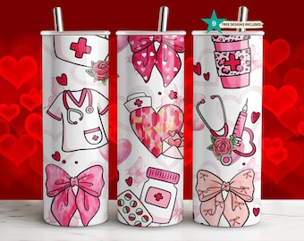 Medical Valentine Tumbler Wrap - 20oz Skinny Sublimation Design Nurse Gift PNG - Hearts Bows Template Straight & Tapered Digital Download