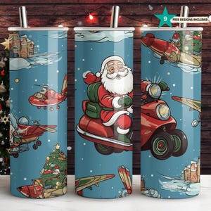 Envoltorio para vaso de Papá Noel en scooter y avión: diseño de sublimación para vaso delgado de 20 oz