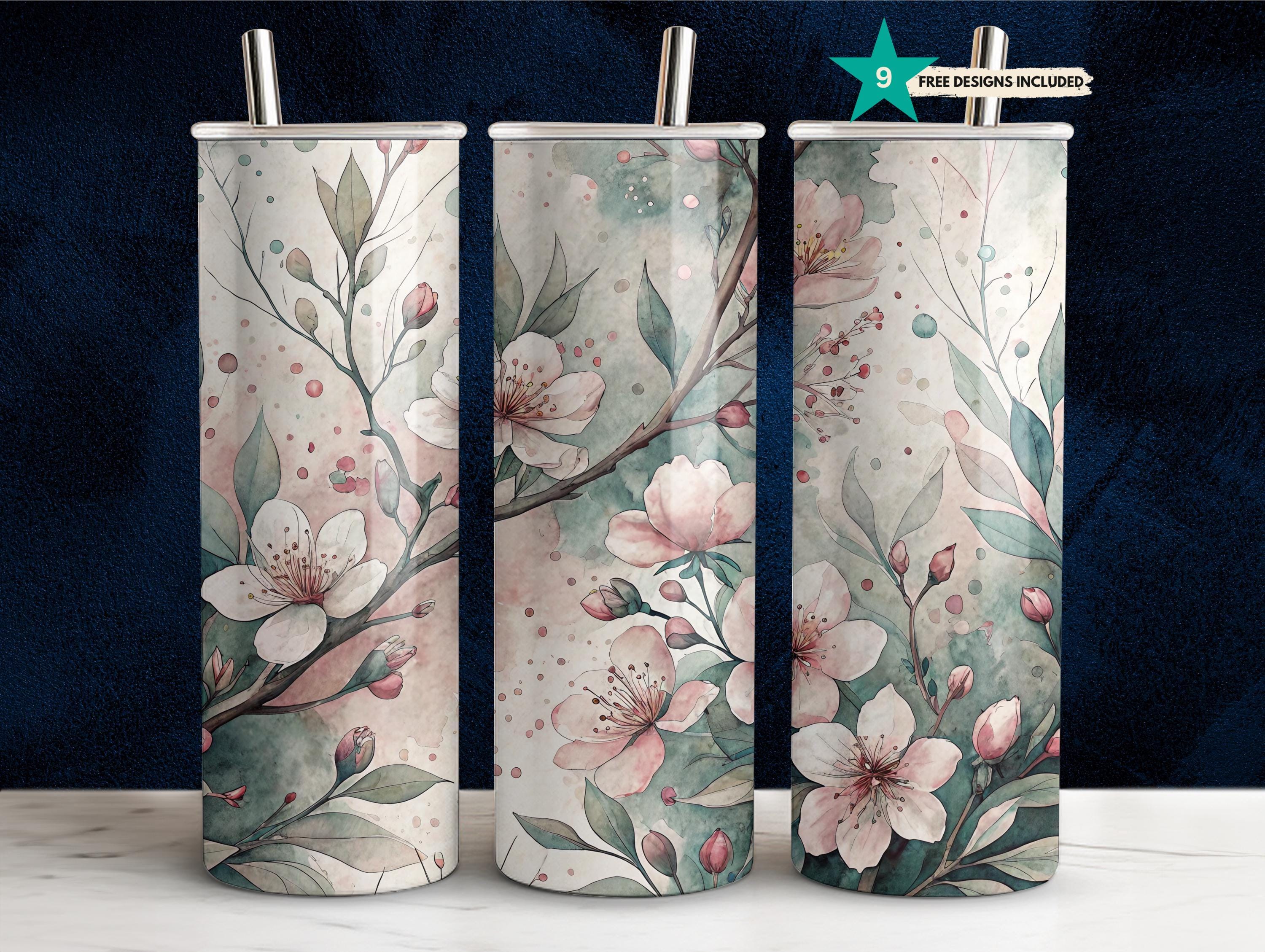 Cherry Blossom Tumbler Wrap - 20oz Skinny Sublimation Design - Watercolor Floral Sakura PNG - Straight & Tapered Digital Download
