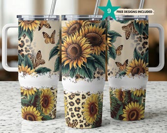 Sunflower Butterfly Leopard Tumbler Wrap — 40oz PNG Sublimation Design — Digital Download