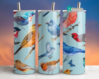 Watercolor Songbirds 20oz Tumbler Wrap | Bluebird & Robin Design | Sublimation Skinny Tumbler PNG | Nature-Inspired Digital Download PNG